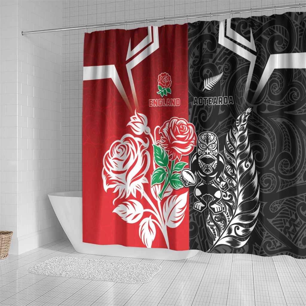 New Zealand And England Rugby Shower Curtain Maori Tiki With Red Rose Together LT05