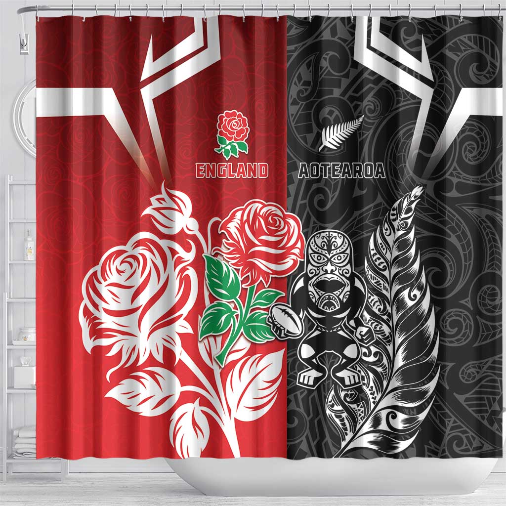 New Zealand And England Rugby Shower Curtain Maori Tiki With Red Rose Together LT05