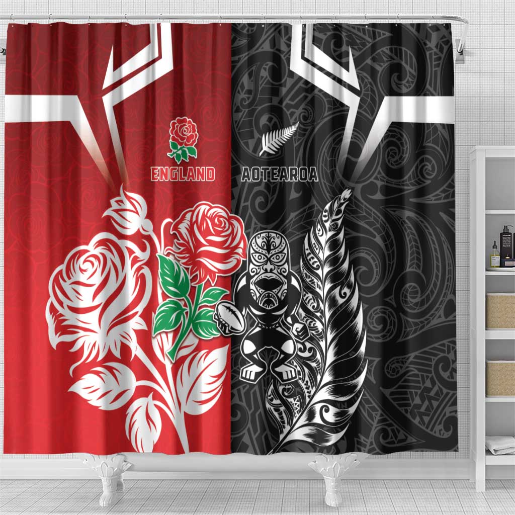 New Zealand And England Rugby Shower Curtain Maori Tiki With Red Rose Together LT05