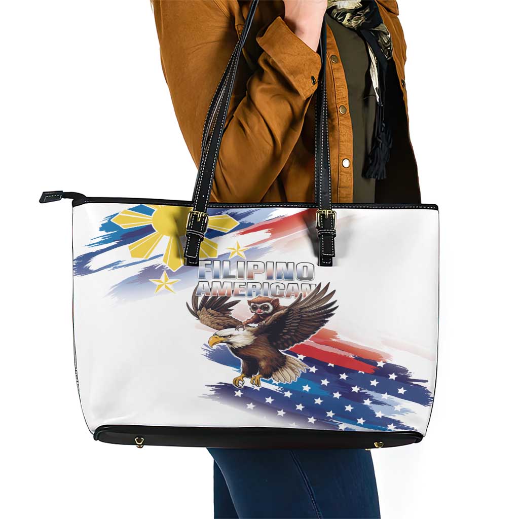 Filipino American History Month Leather Tote Bag Bald Eagle Tarsier Together LT05