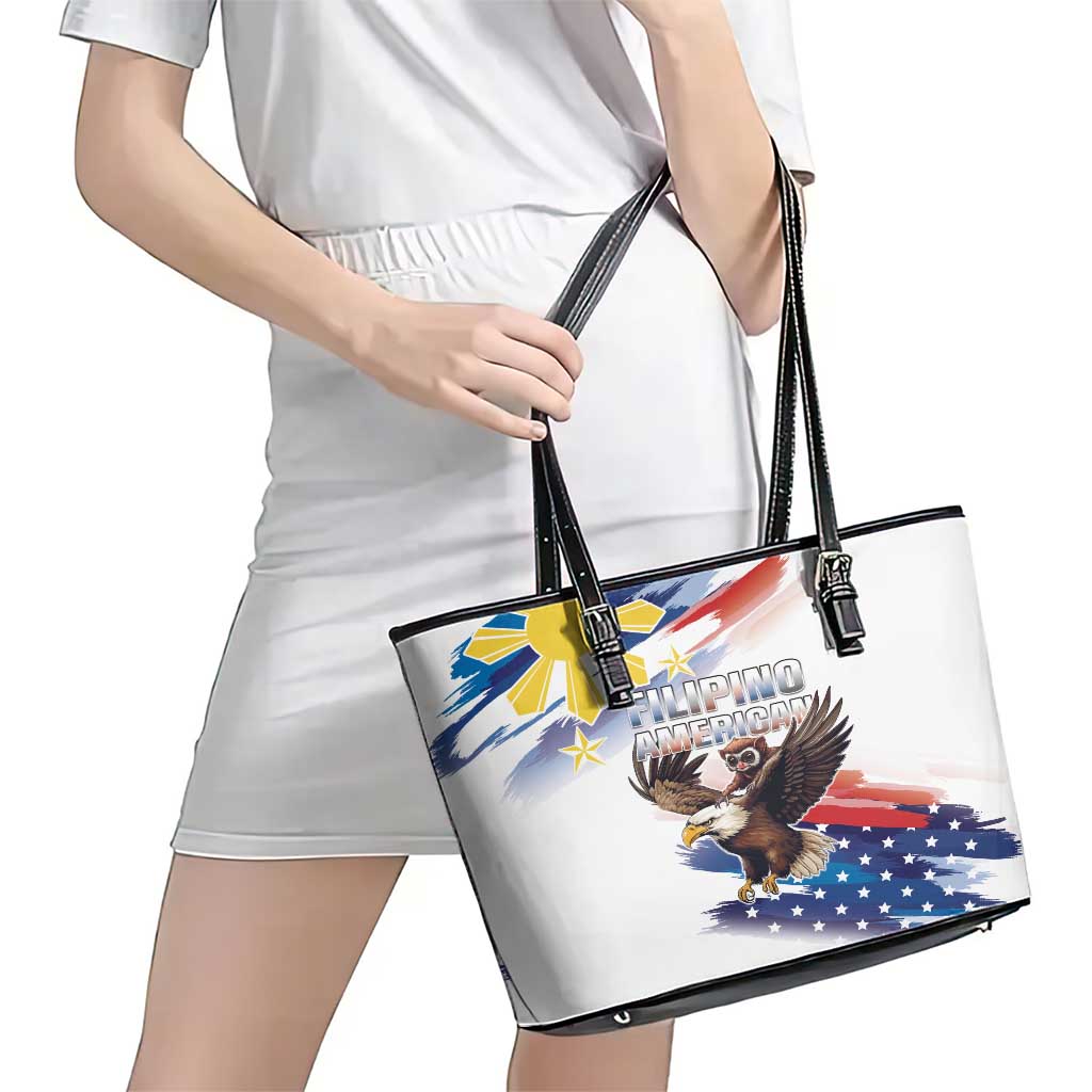 Filipino American History Month Leather Tote Bag Bald Eagle Tarsier Together LT05