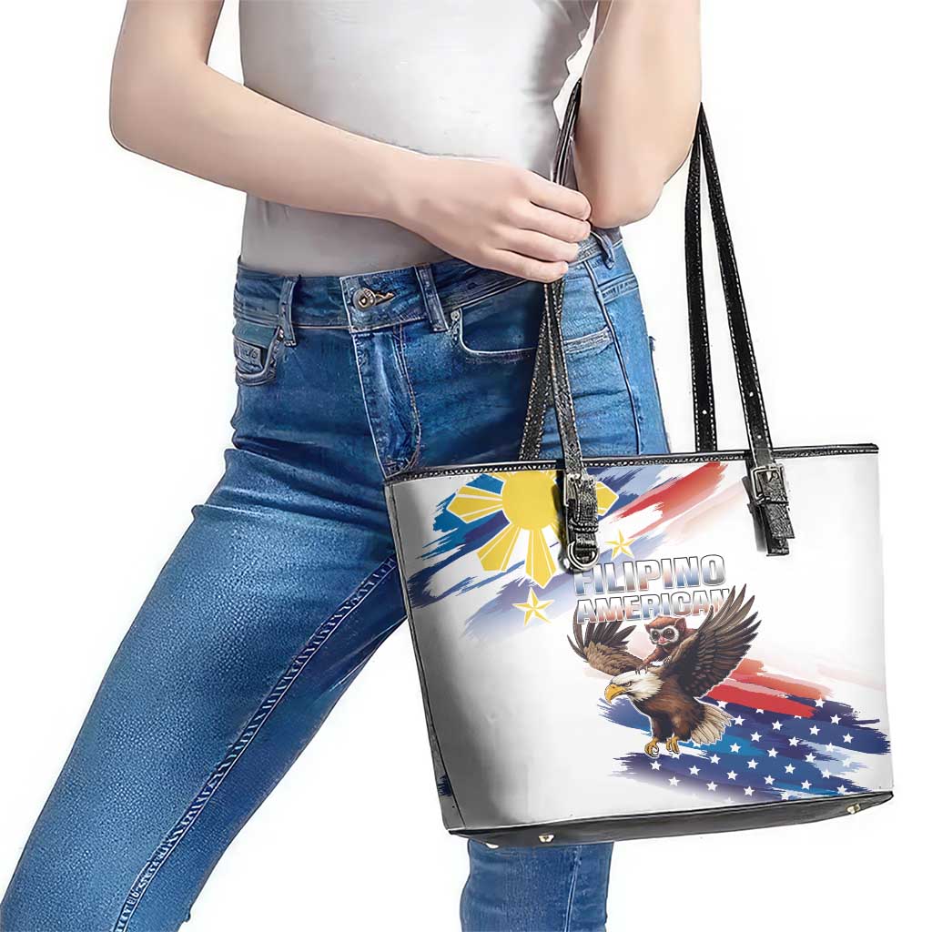Filipino American History Month Leather Tote Bag Bald Eagle Tarsier Together LT05