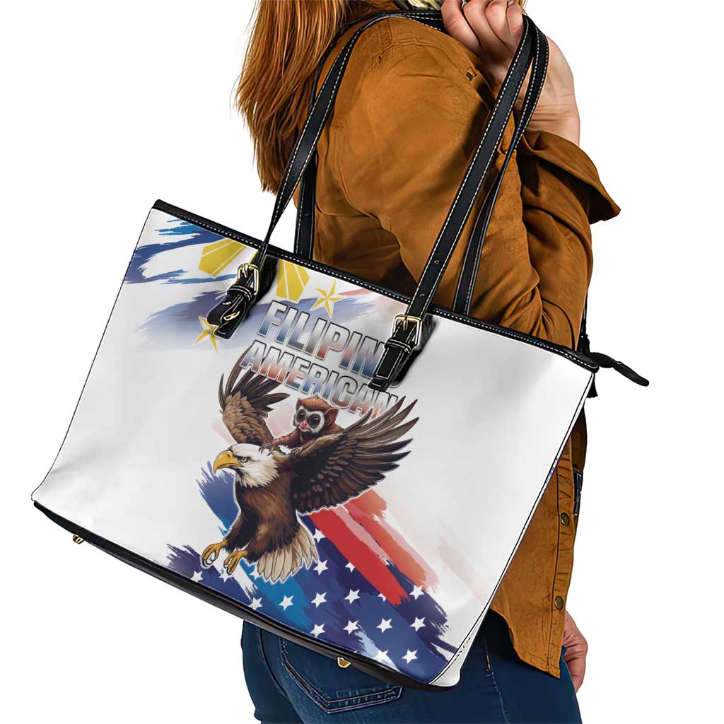 Filipino American History Month Leather Tote Bag Bald Eagle Tarsier Together LT05