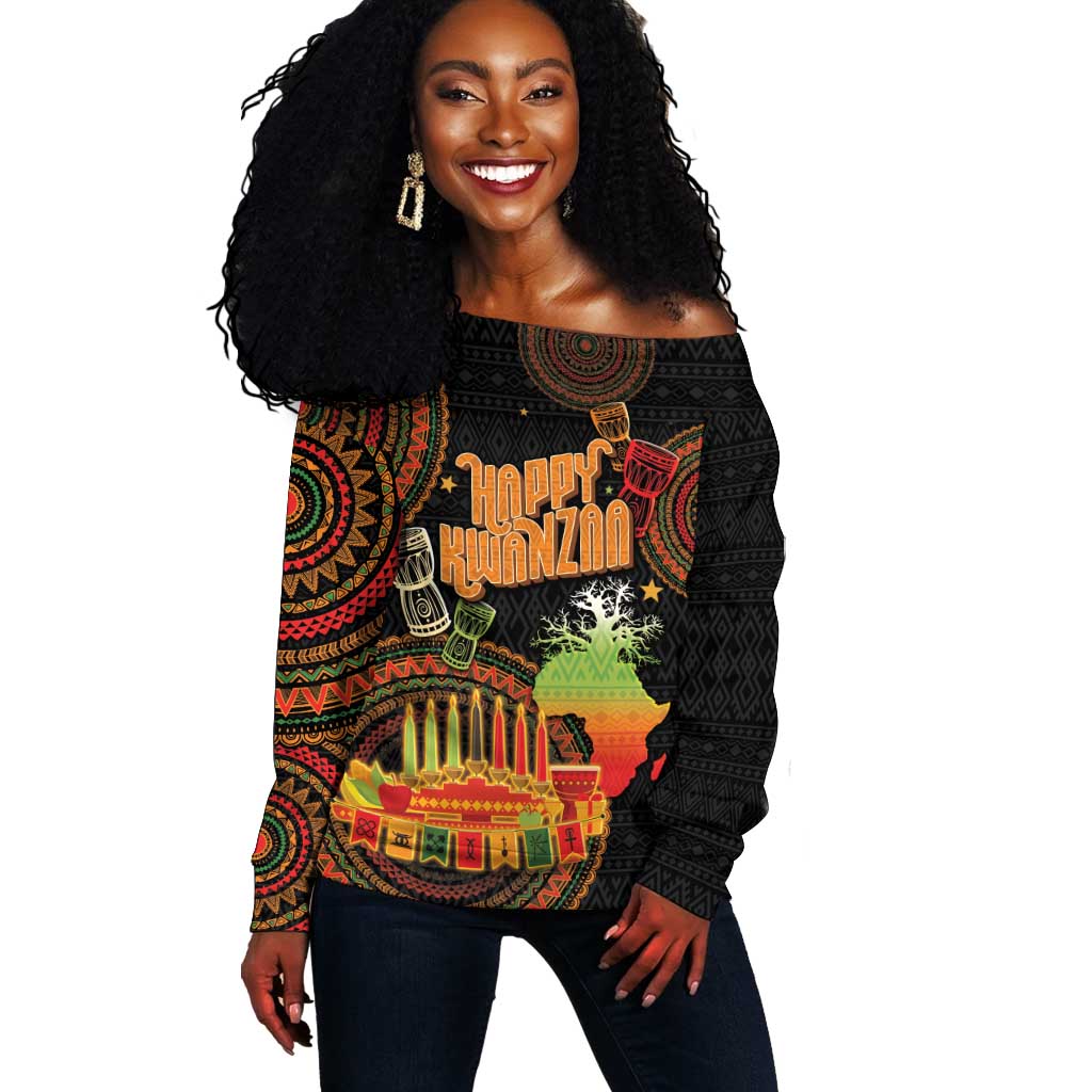 Kwanzaa Kinara Candles Off Shoulder Sweater African Tribal Pattern LT05