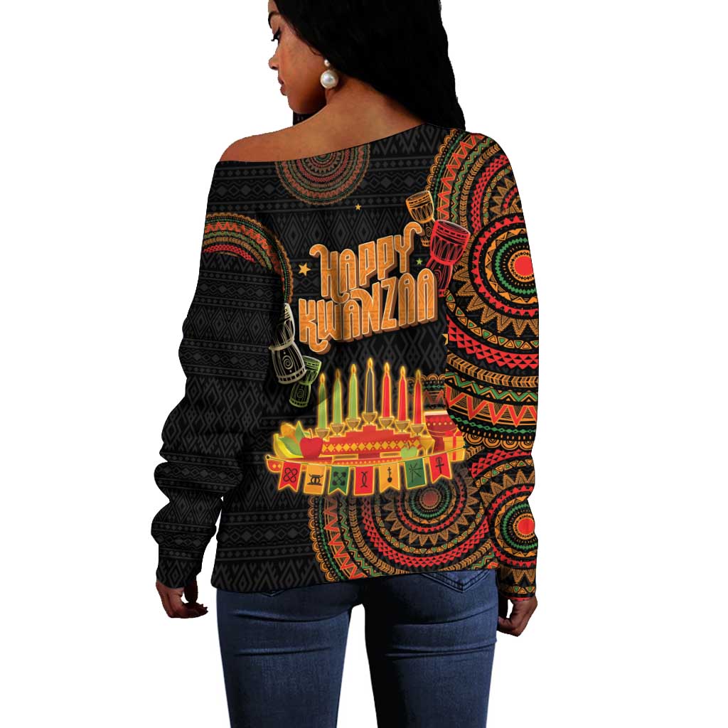 Kwanzaa Kinara Candles Off Shoulder Sweater African Tribal Pattern LT05