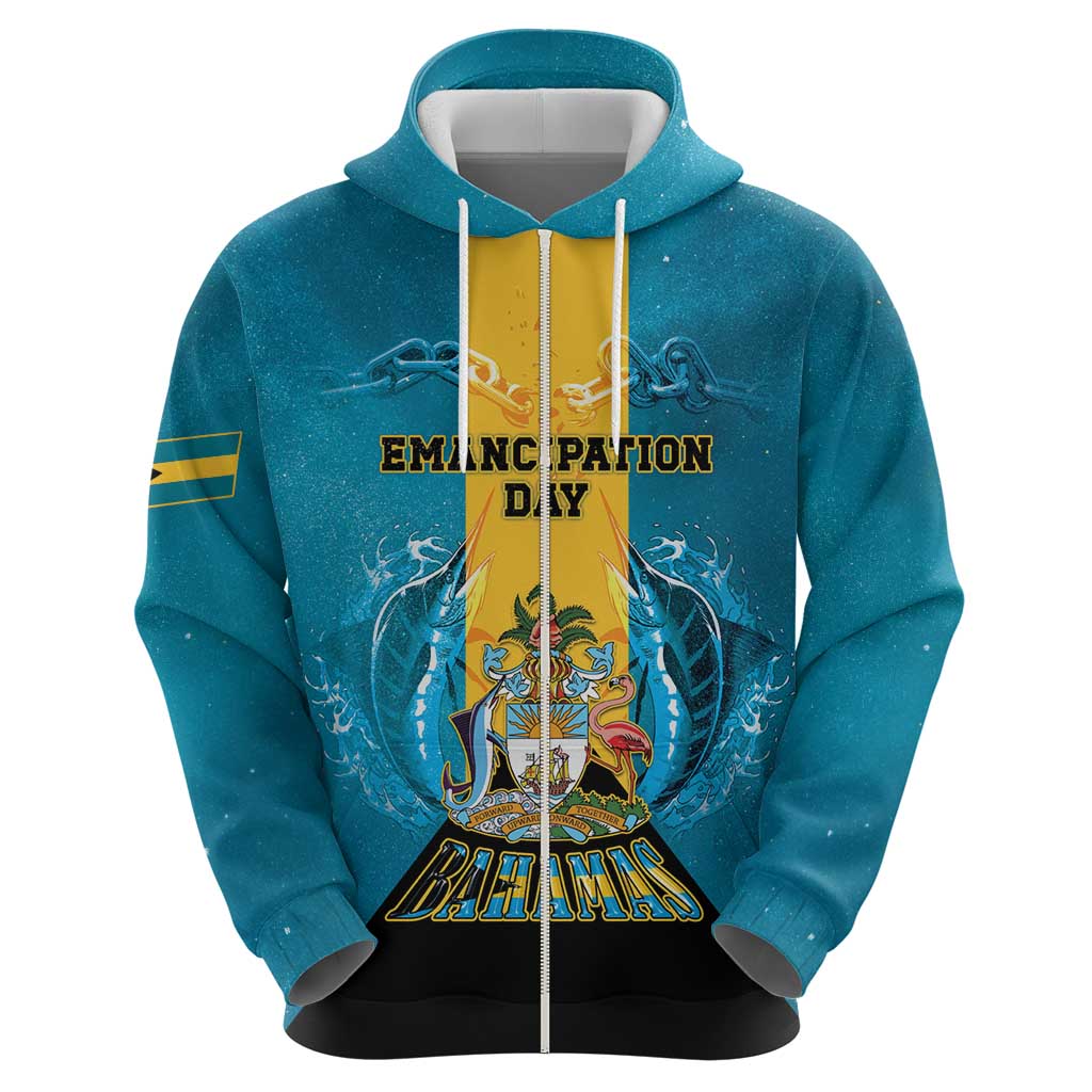 Personalized Bahamas Emancipation Day Hoodie Blue Marlin With Coat Of Arms LT05