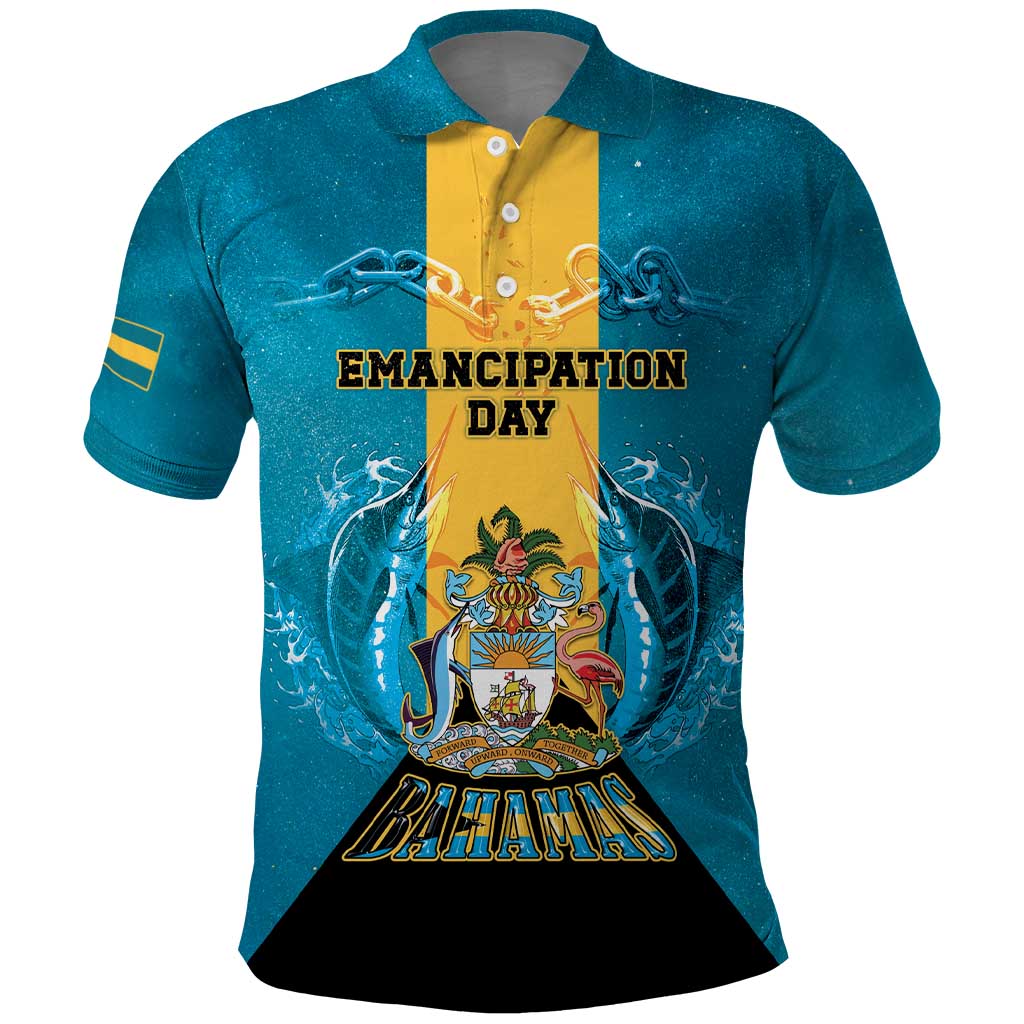 Personalized Bahamas Emancipation Day Polo Shirt Blue Marlin With Coat Of Arms LT05