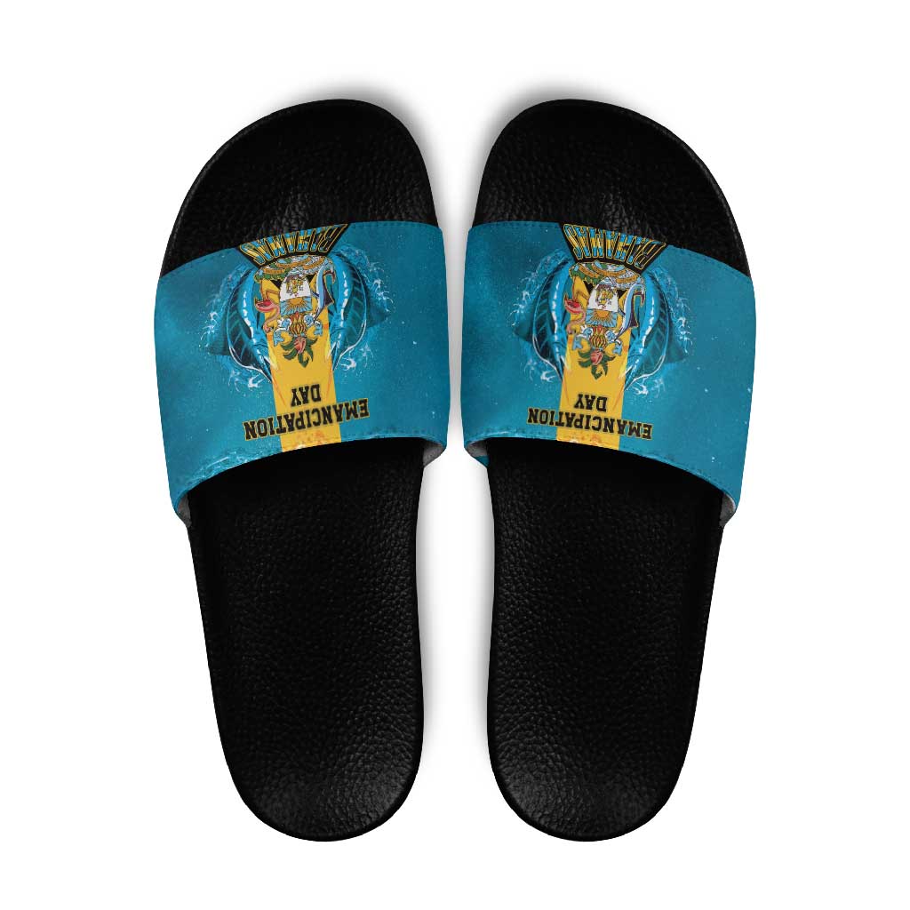Bahamas Emancipation Day Slide Sandals Blue Marlin With Coat Of Arms LT05