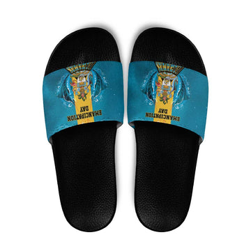 Bahamas Emancipation Day Slide Sandals Blue Marlin With Coat Of Arms LT05