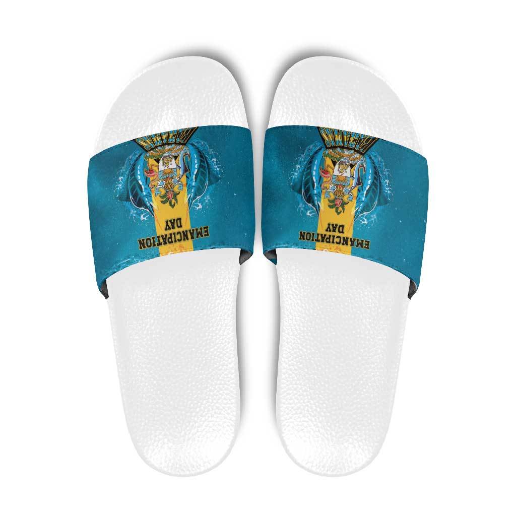 Bahamas Emancipation Day Slide Sandals Blue Marlin With Coat Of Arms LT05