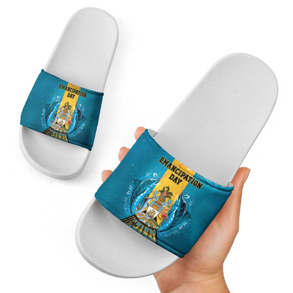 Bahamas Emancipation Day Slide Sandals Blue Marlin With Coat Of Arms LT05