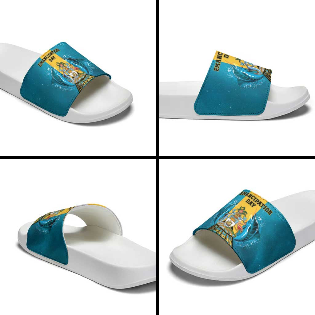 Bahamas Emancipation Day Slide Sandals Blue Marlin With Coat Of Arms LT05