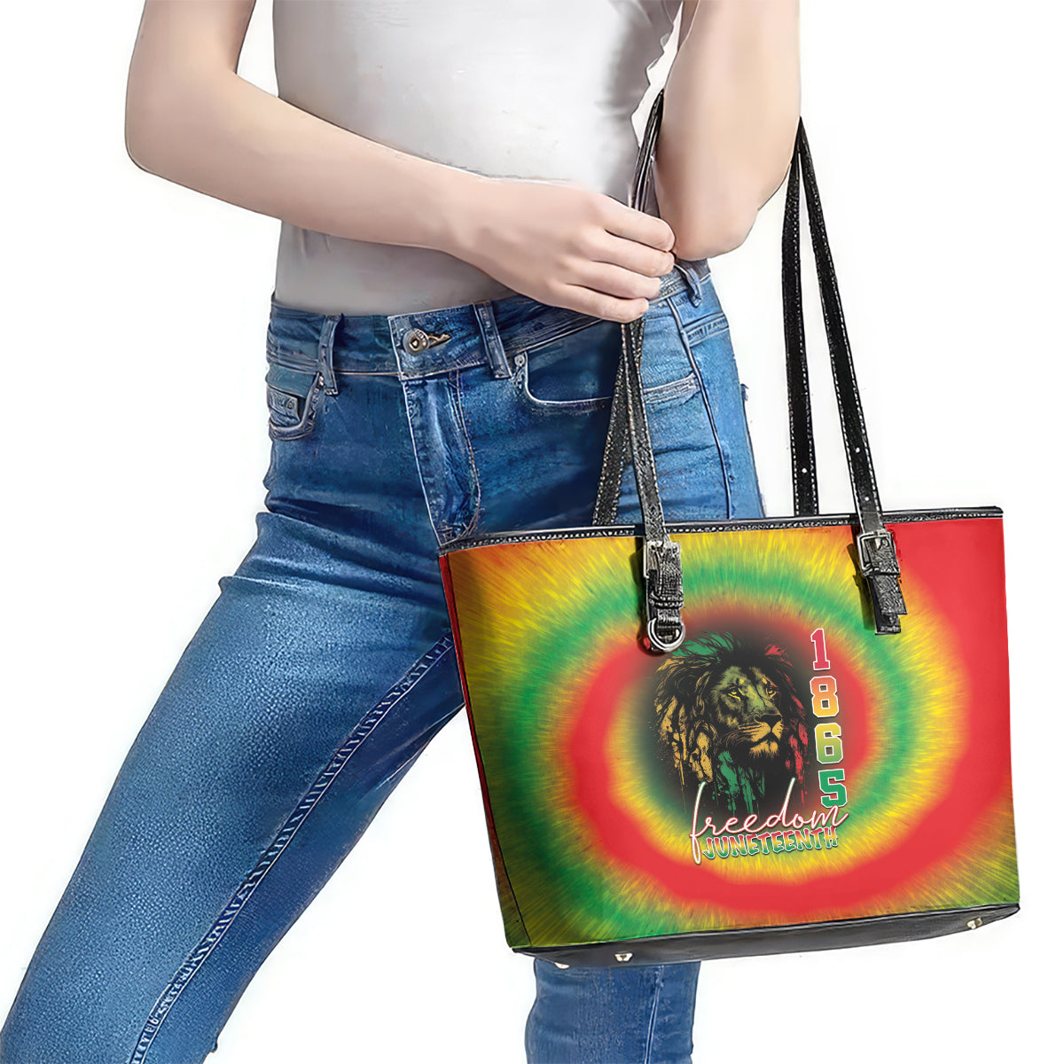 Juneteenth Freedom Day Leather Tote Bag Reggae Tie Dye Style LT05