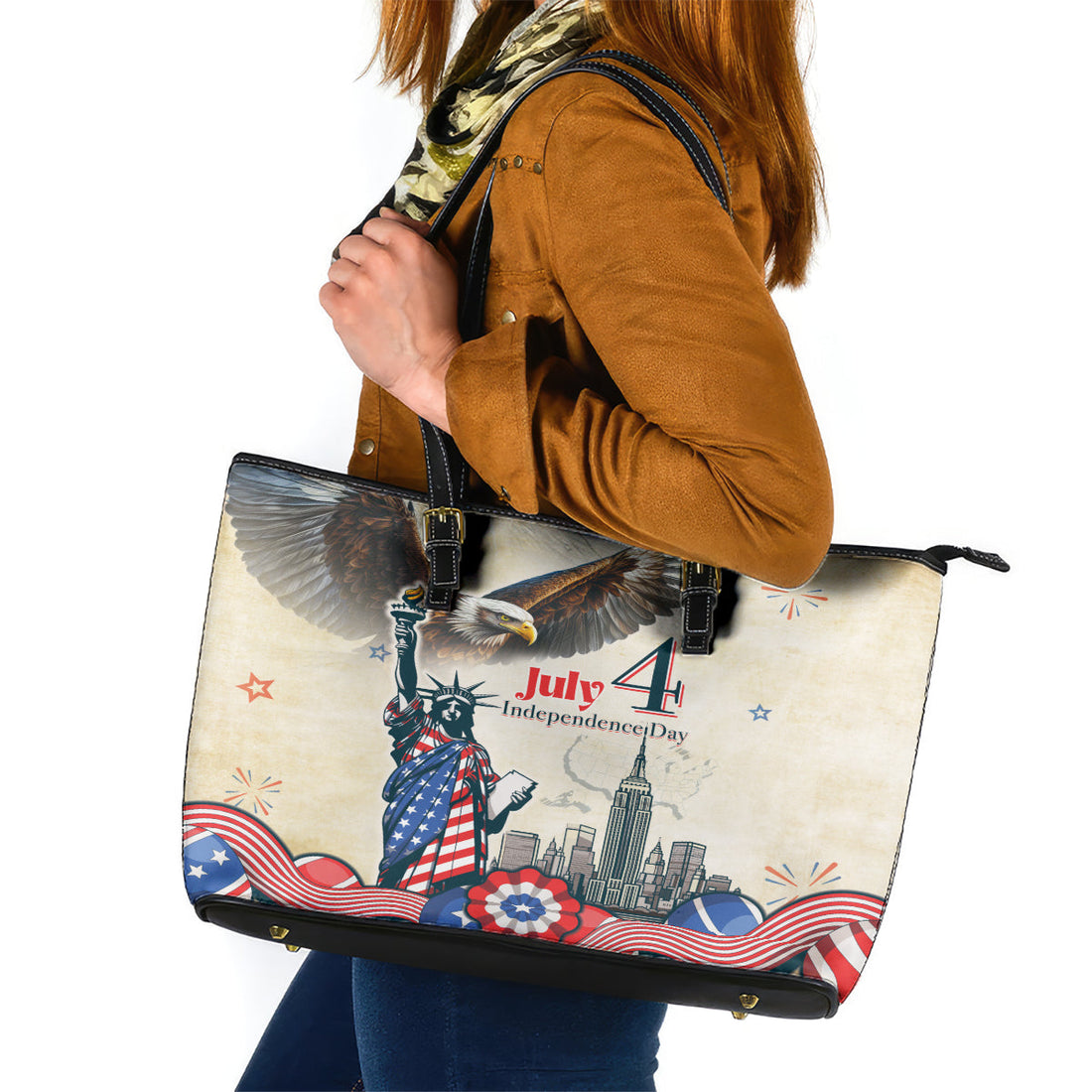 United States Independence Day Leather Tote Bag Freedom 4th Of July Beige Version LT05