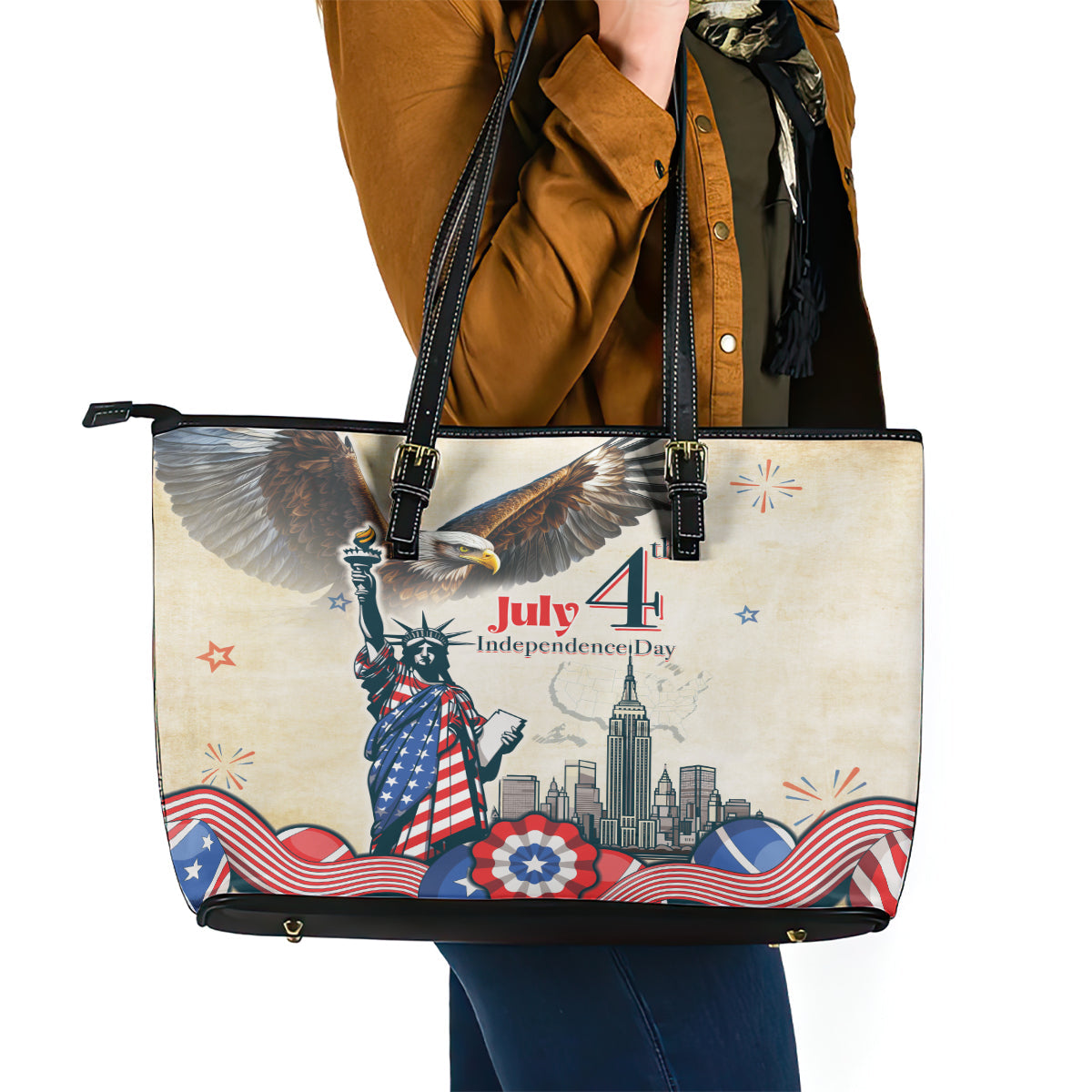 United States Independence Day Leather Tote Bag Freedom 4th Of July Beige Version LT05