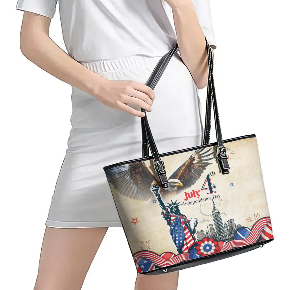 United States Independence Day Leather Tote Bag Freedom 4th Of July Beige Version LT05