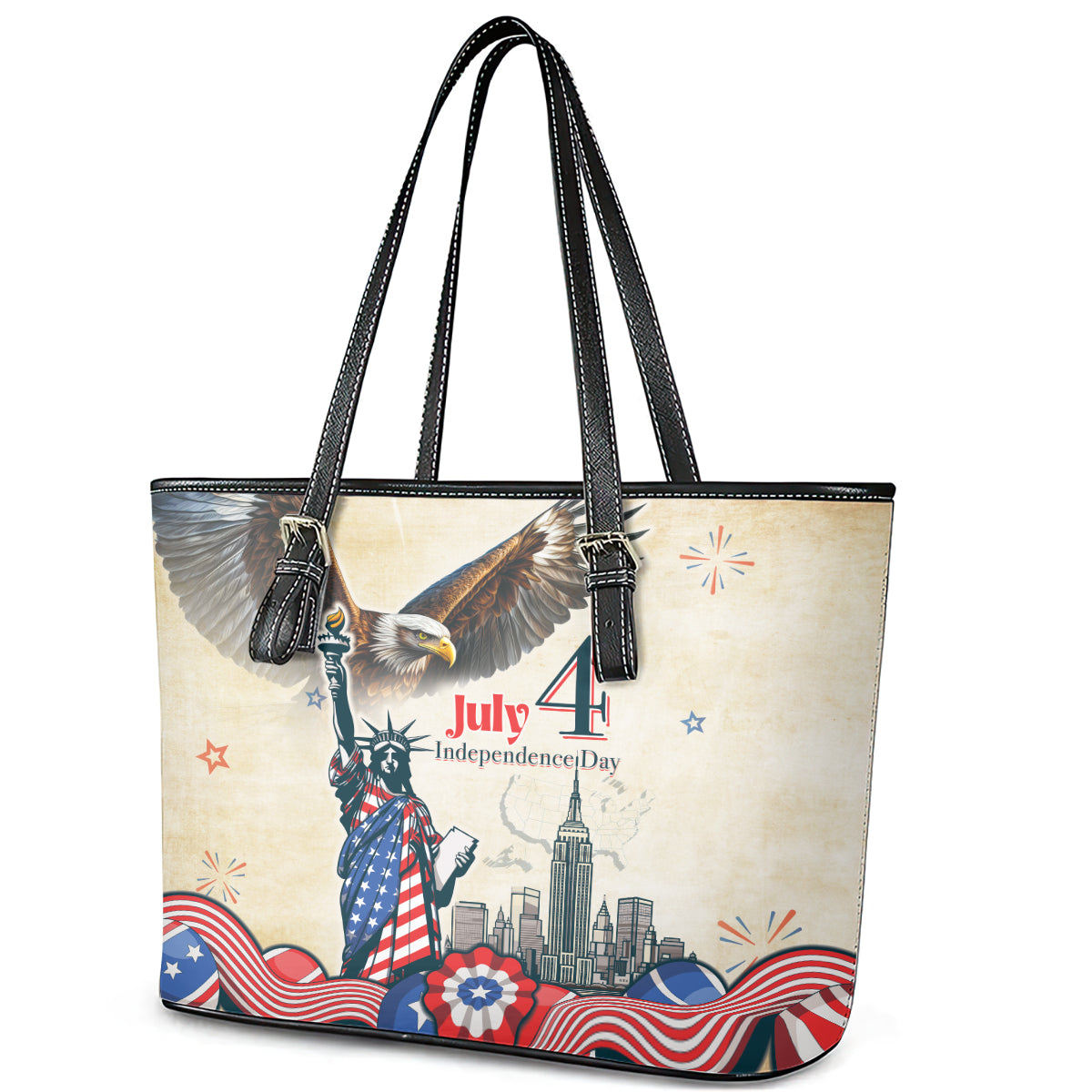 United States Independence Day Leather Tote Bag Freedom 4th Of July Beige Version LT05