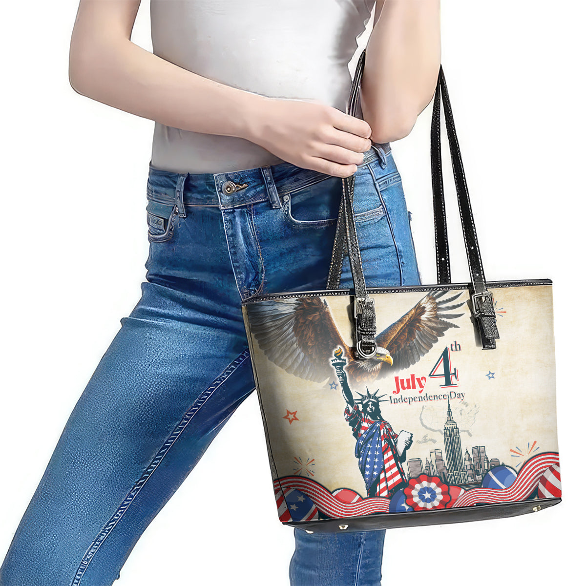 United States Independence Day Leather Tote Bag Freedom 4th Of July Beige Version LT05