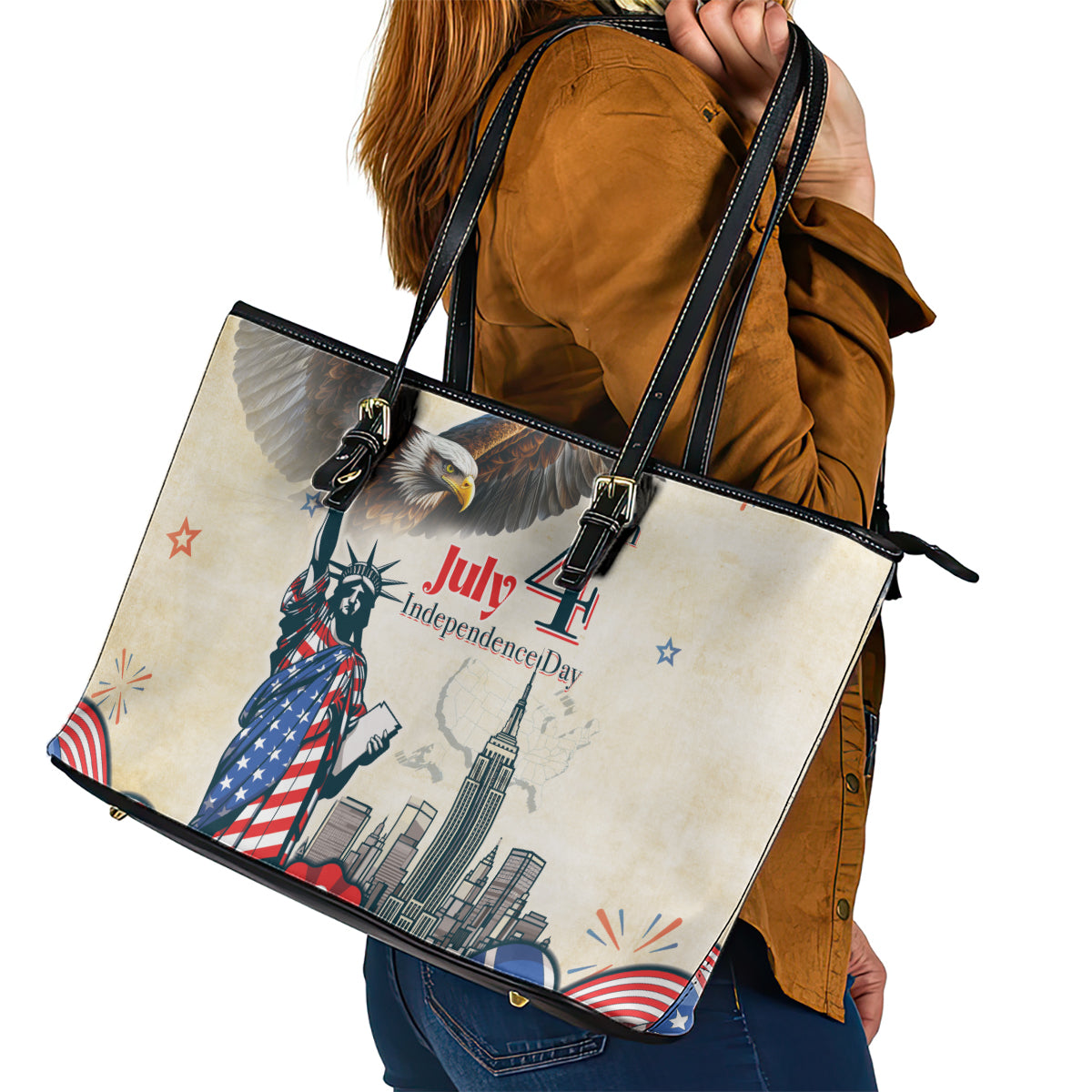United States Independence Day Leather Tote Bag Freedom 4th Of July Beige Version LT05
