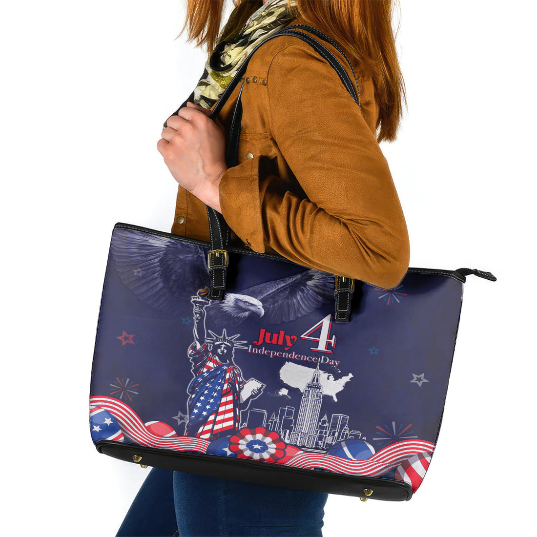 United States Independence Day Leather Tote Bag Freedom 4th Of July Navy Version LT05