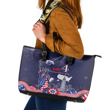 United States Independence Day Leather Tote Bag Freedom 4th Of July Navy Version LT05