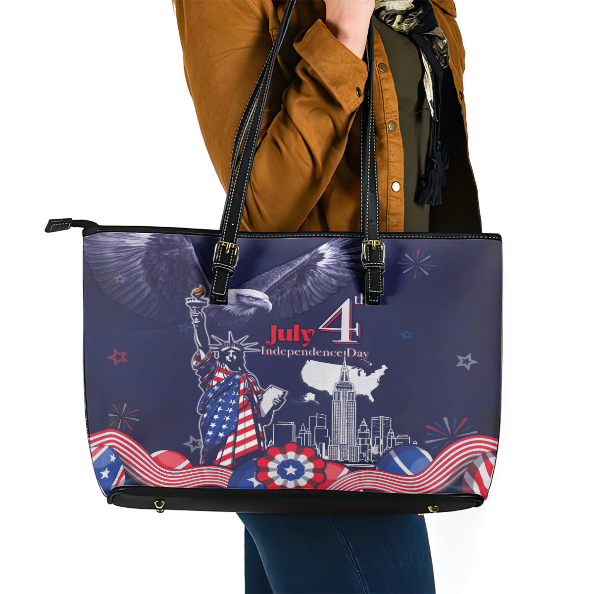 United States Independence Day Leather Tote Bag Freedom 4th Of July Navy Version LT05