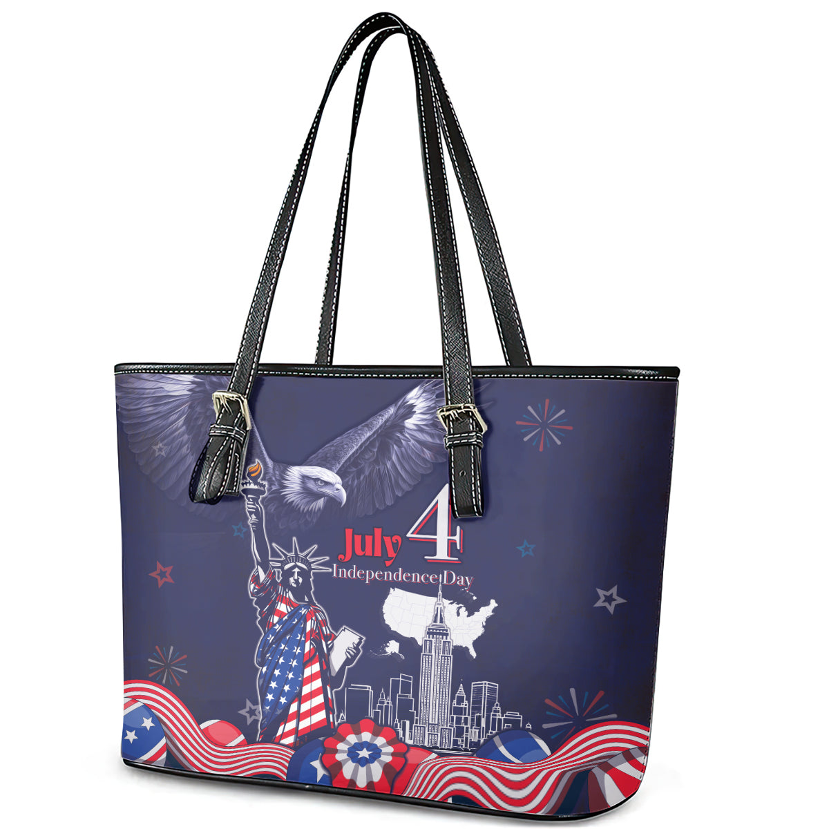 United States Independence Day Leather Tote Bag Freedom 4th Of July Navy Version LT05
