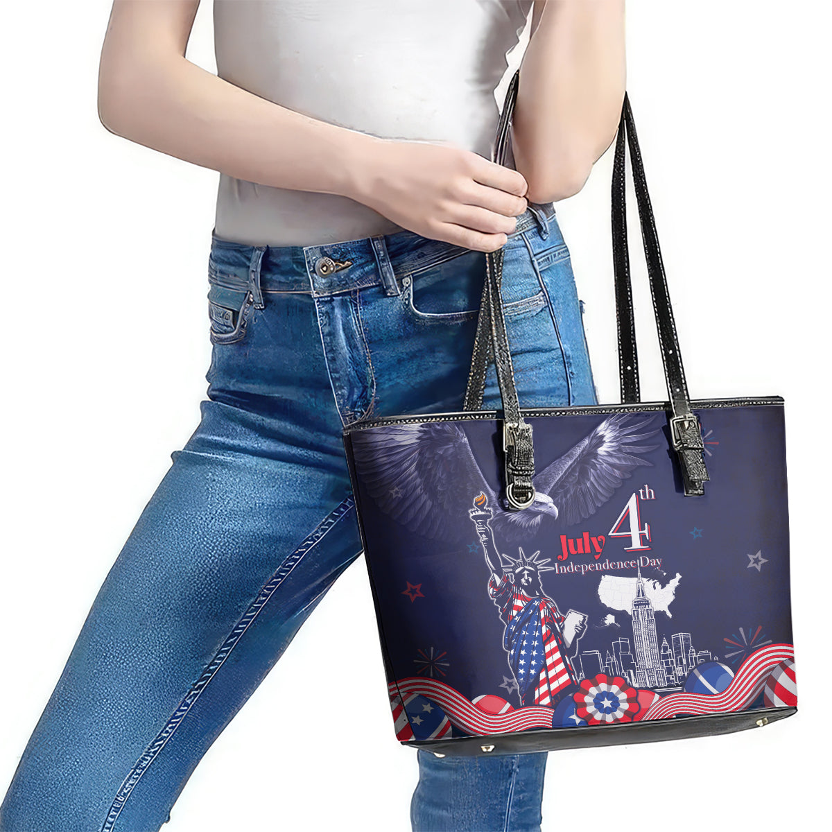 United States Independence Day Leather Tote Bag Freedom 4th Of July Navy Version LT05