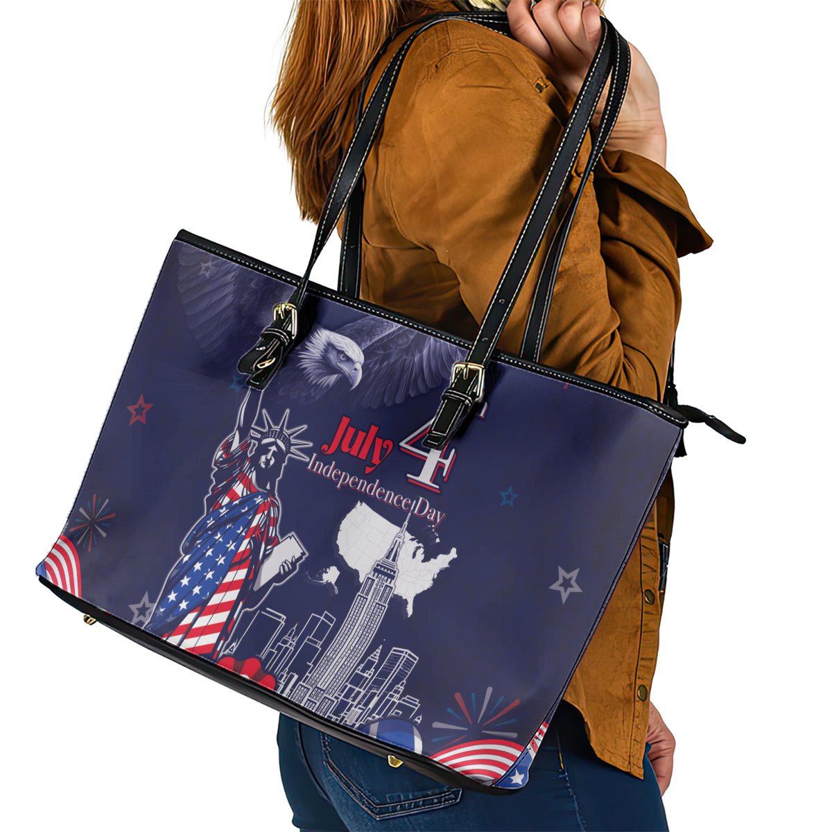 United States Independence Day Leather Tote Bag Freedom 4th Of July Navy Version LT05