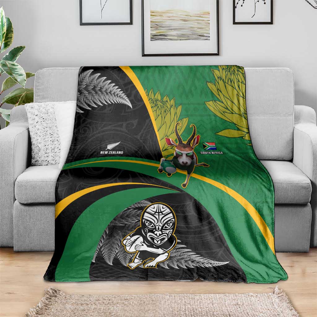 New Zealand And South Africa Rugby Blanket 2023 Springboks Combine All Black Silver Fern LT05