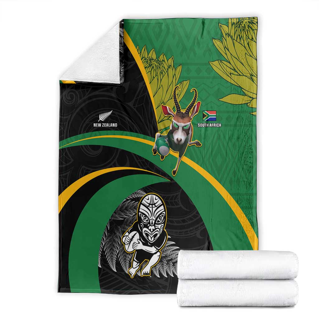 New Zealand And South Africa Rugby Blanket 2023 Springboks Combine All Black Silver Fern LT05