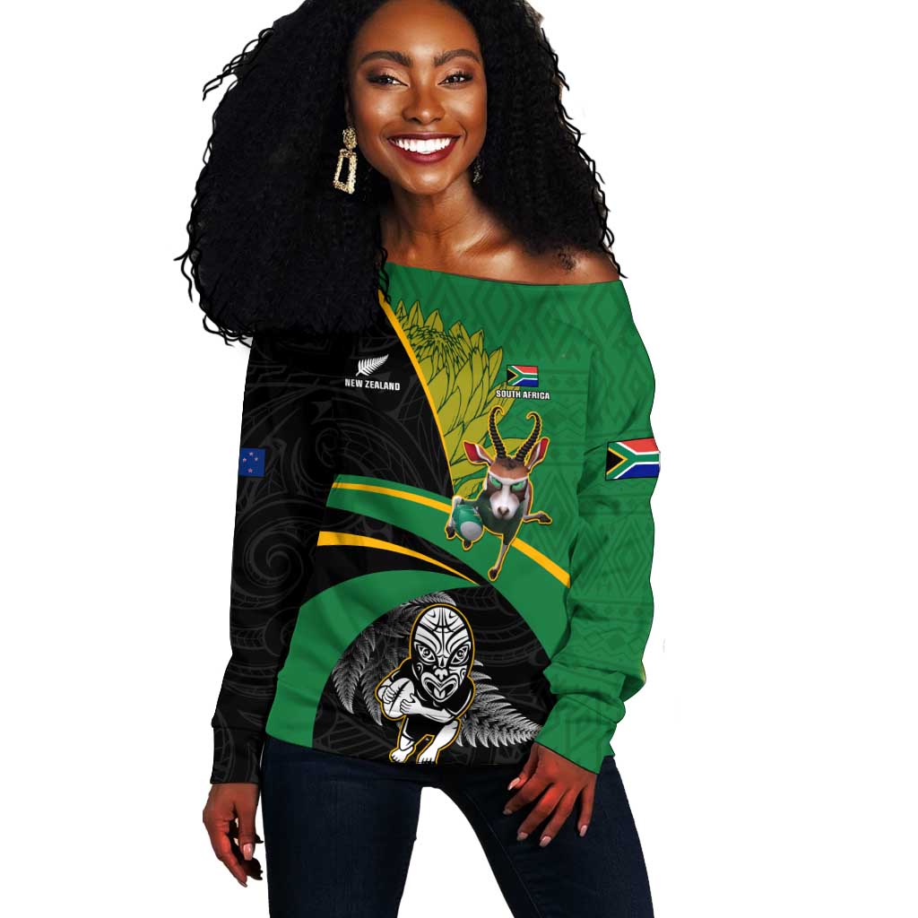 Custom New Zealand And South Africa Rugby Off Shoulder Sweater 2023 Springboks Combine All Black Silver Fern LT05
