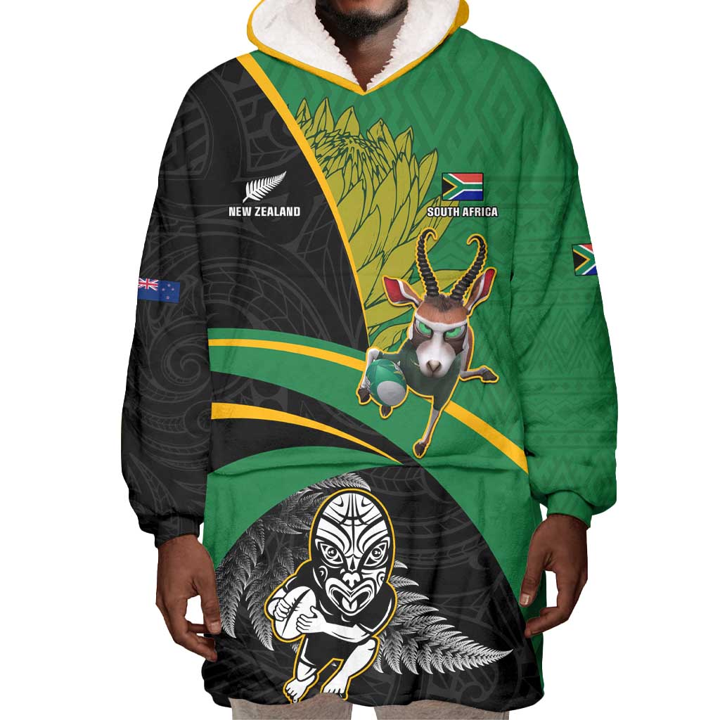 Custom New Zealand And South Africa Rugby Wearable Blanket Hoodie 2023 Springboks Combine All Black Silver Fern LT05