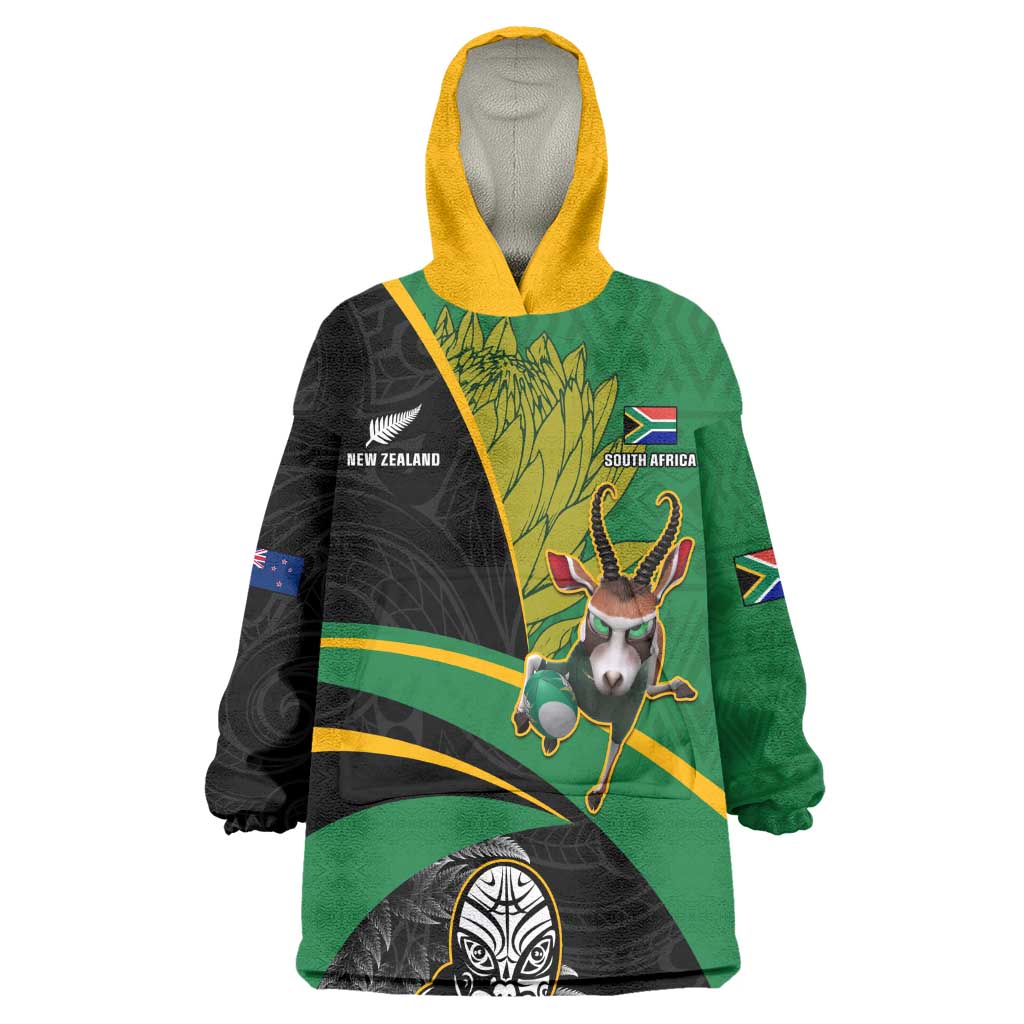 Custom New Zealand And South Africa Rugby Wearable Blanket Hoodie 2023 Springboks Combine All Black Silver Fern LT05
