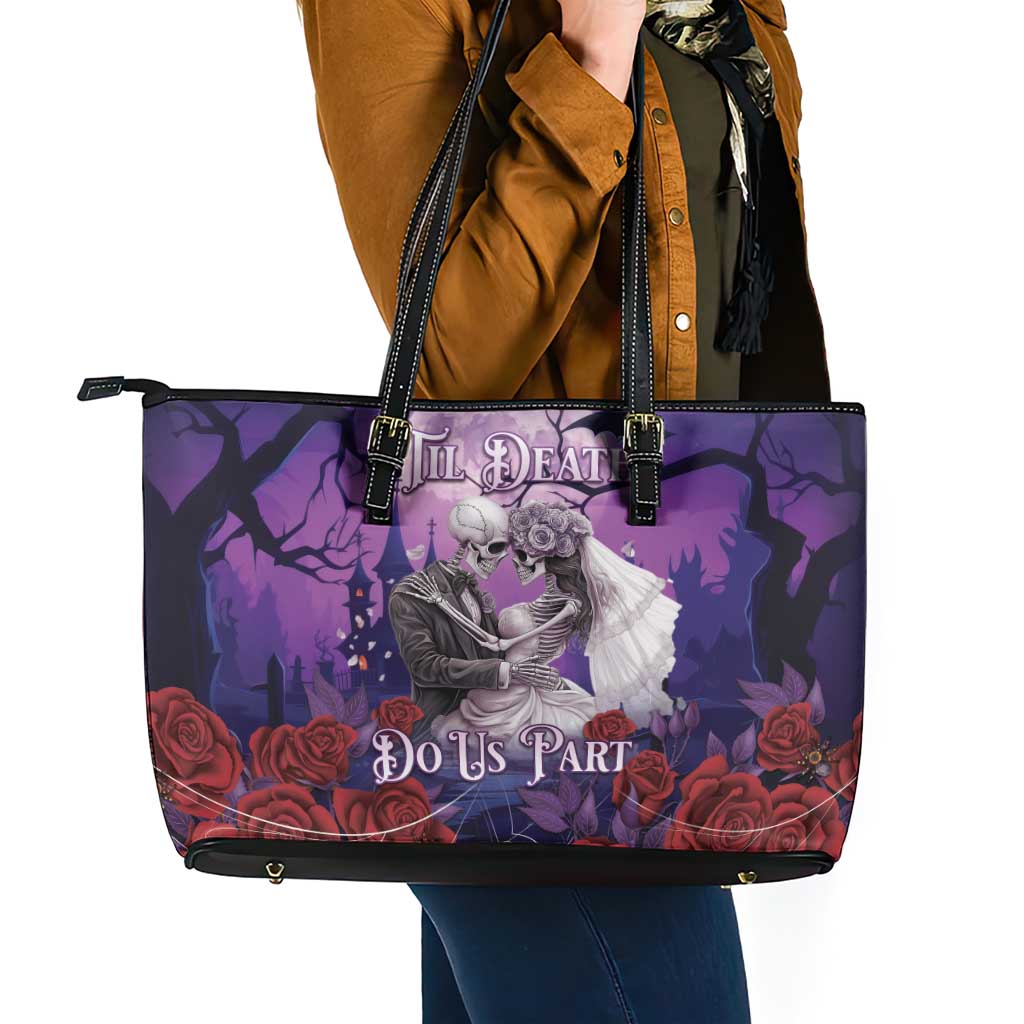 Halloween Skeleton Couple Leather Tote Bag Til Death Do Us Part LT05