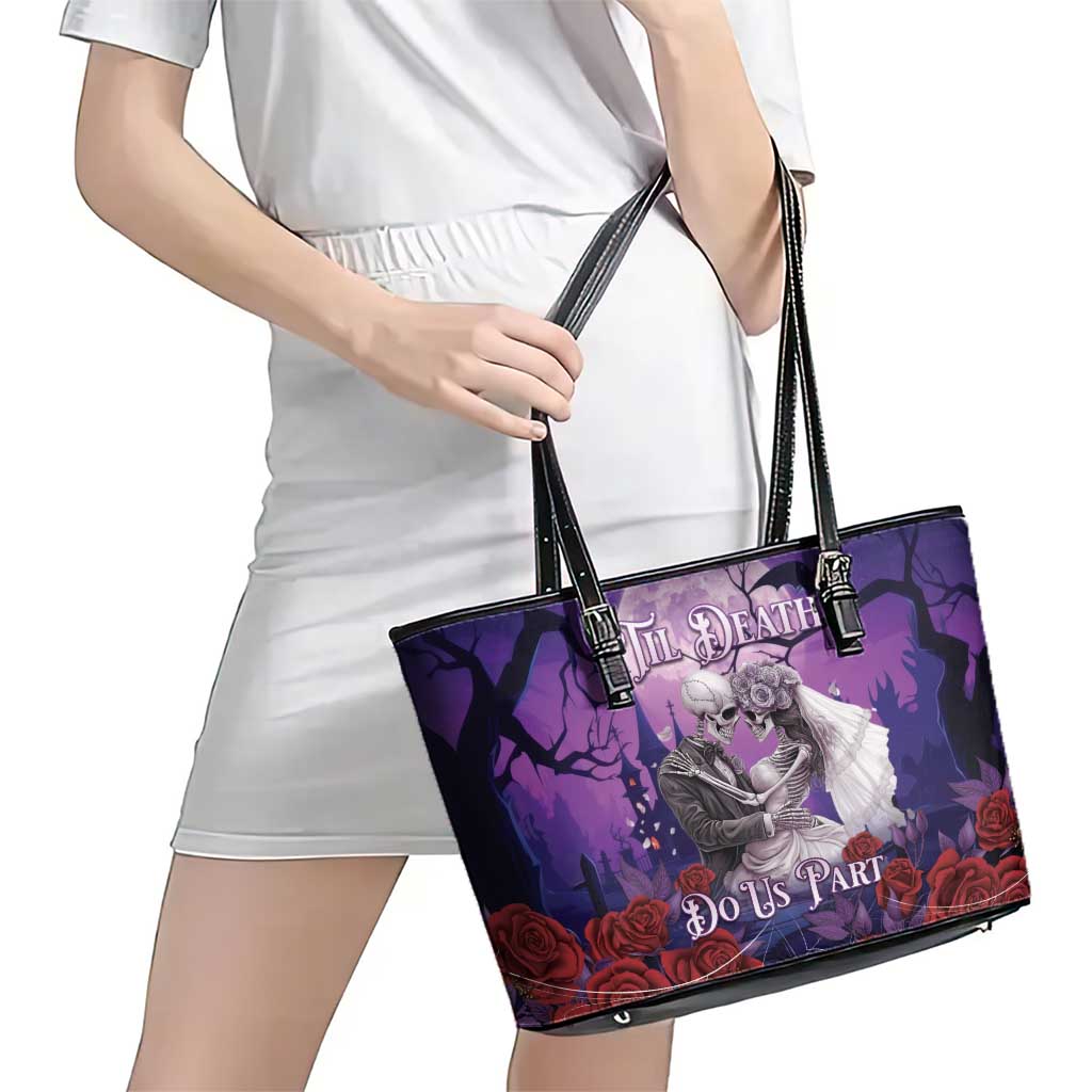 Halloween Skeleton Couple Leather Tote Bag Til Death Do Us Part LT05