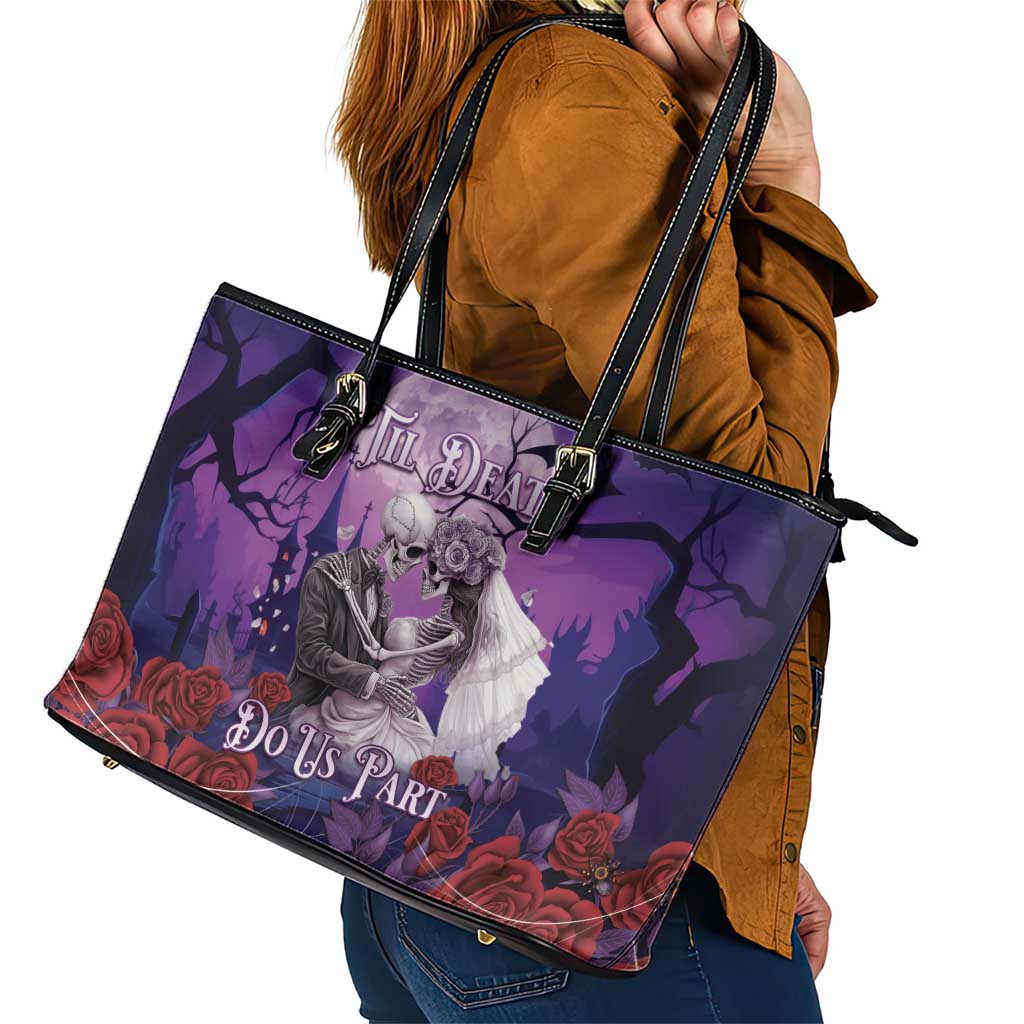 Halloween Skeleton Couple Leather Tote Bag Til Death Do Us Part LT05