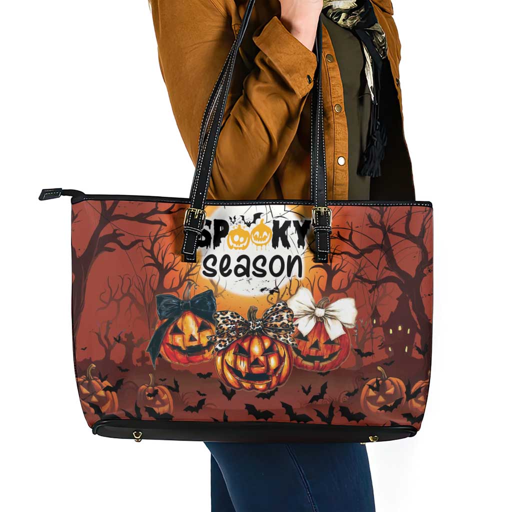 Coquette Pumpkin Halloween Leather Tote Bag It's Spooky Season LT05