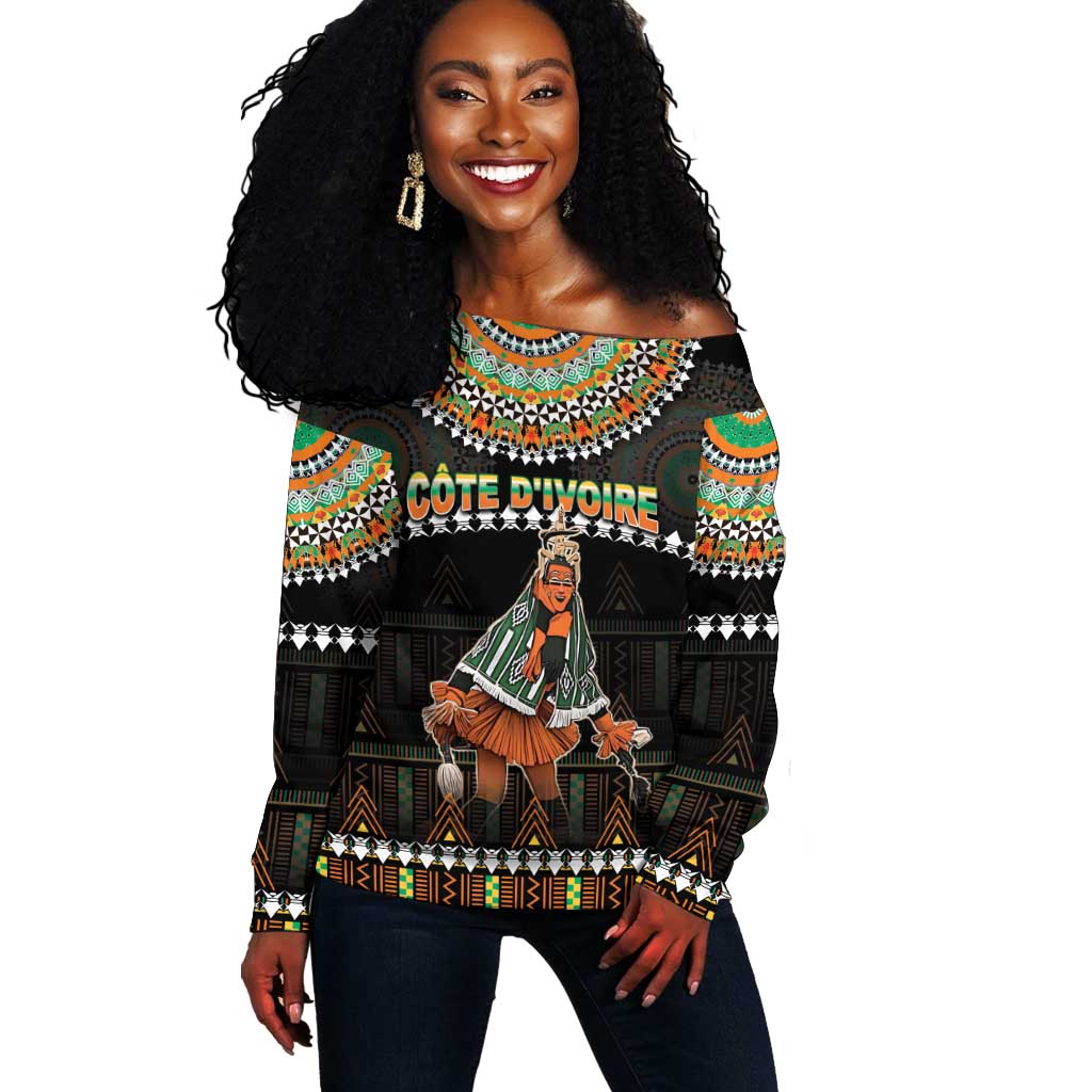 Ivory Coast Festival Of Masks Off Shoulder Sweater Traditional Zaouli Dance LT05
