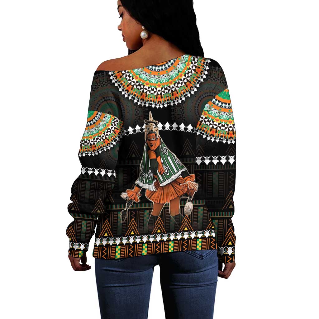 Ivory Coast Festival Of Masks Off Shoulder Sweater Traditional Zaouli Dance LT05