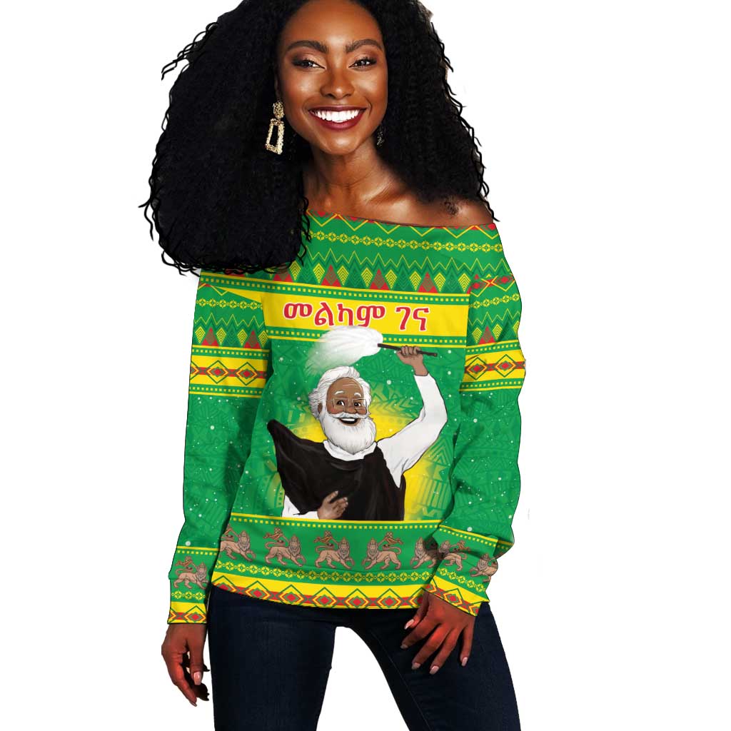 Afro Ethiopia Christmas Off Shoulder Sweater Melkam Gena Yegena Abat LT05