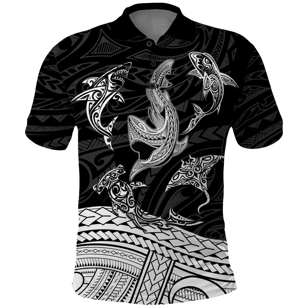 Polynesian Tribal Polo Shirt with Sharks Tattoo White LT6