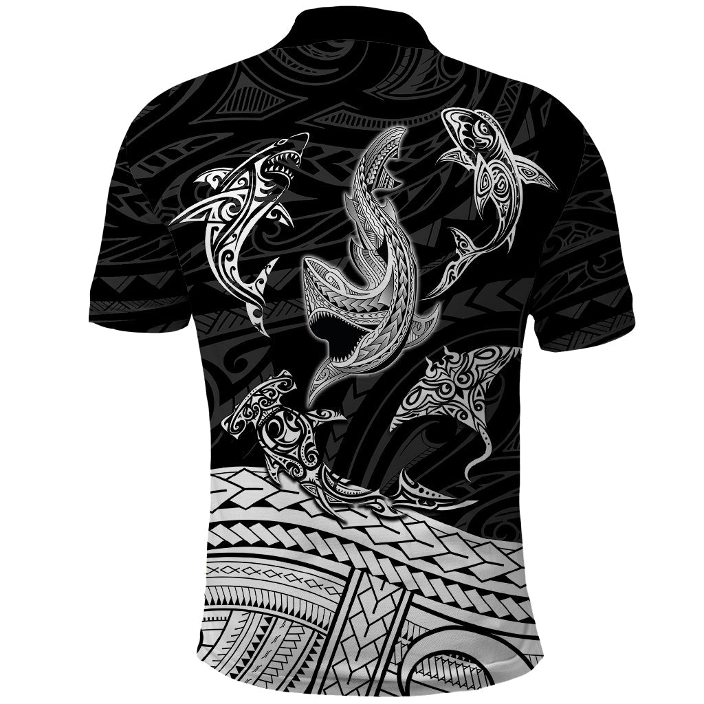 Polynesian Tribal Polo Shirt with Sharks Tattoo White LT6