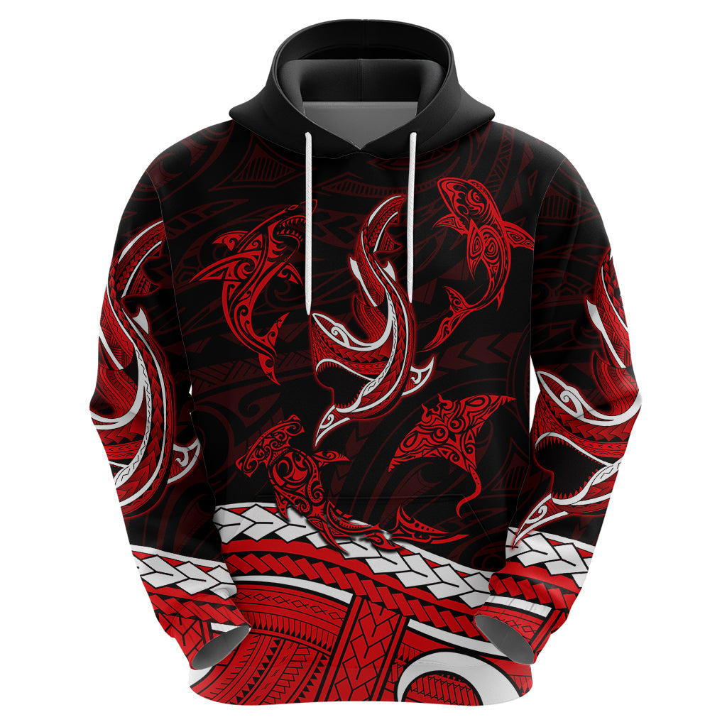 Polynesian Tribal Hoodie with Sharks Tattoo Red LT6