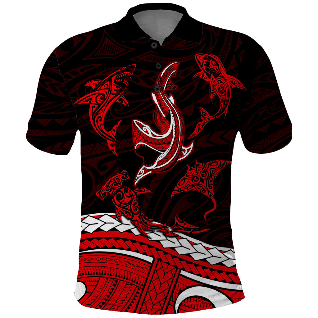 Polynesian Tribal Polo Shirt with Sharks Tattoo Red LT6