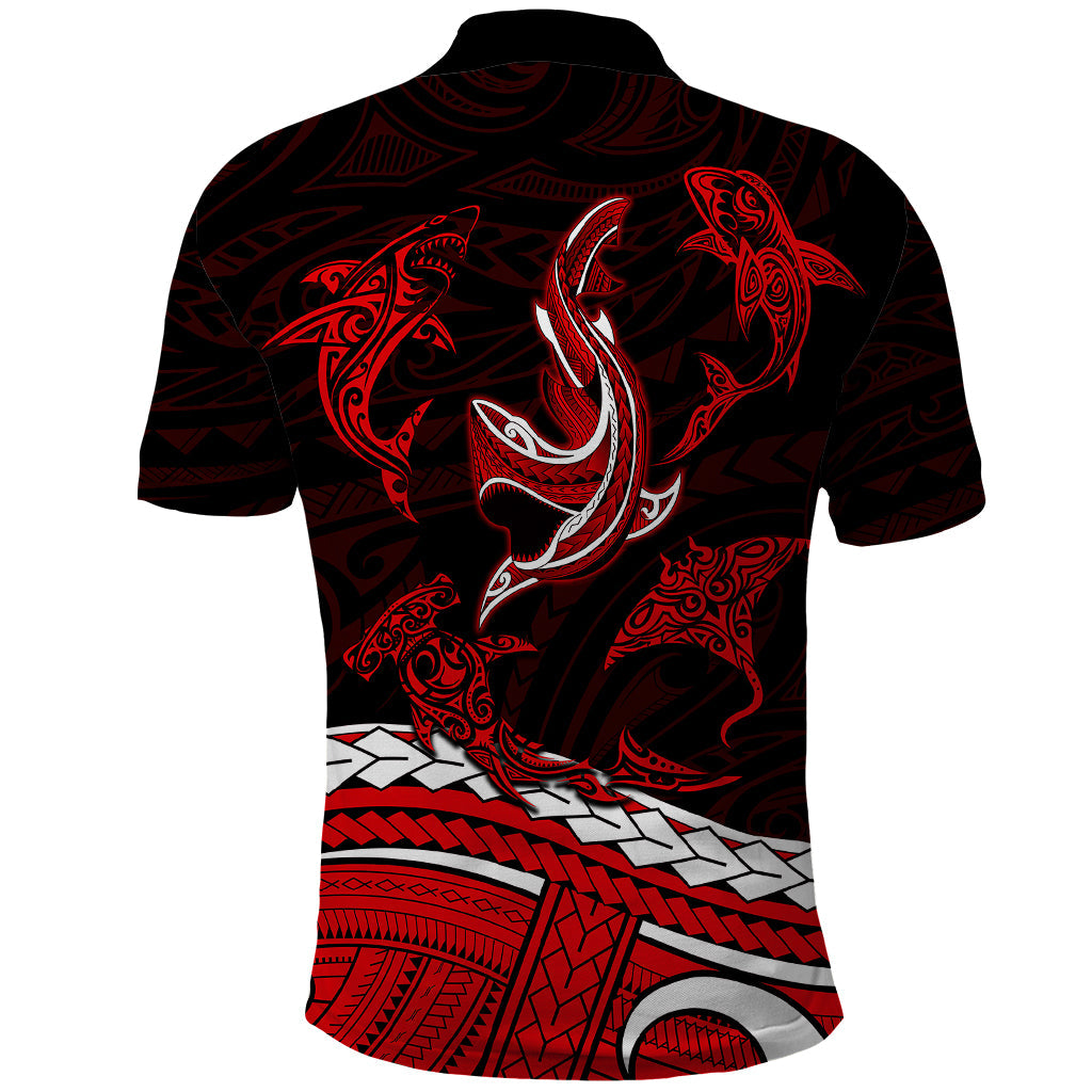 Polynesian Tribal Polo Shirt with Sharks Tattoo Red LT6