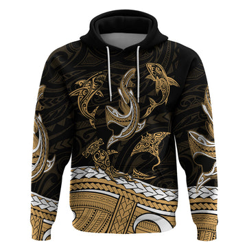 Polynesian Tribal Hoodie with Sharks Tattoo Gold LT6