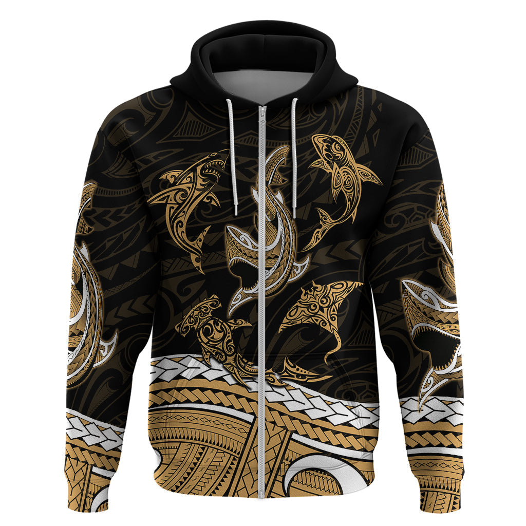 Polynesian Tribal Hoodie with Sharks Tattoo Gold LT6