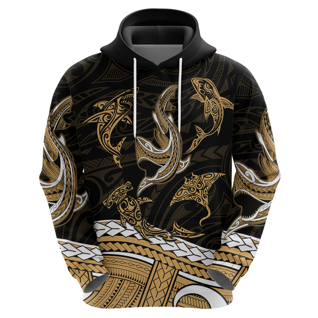 Polynesian Tribal Hoodie with Sharks Tattoo Gold LT6