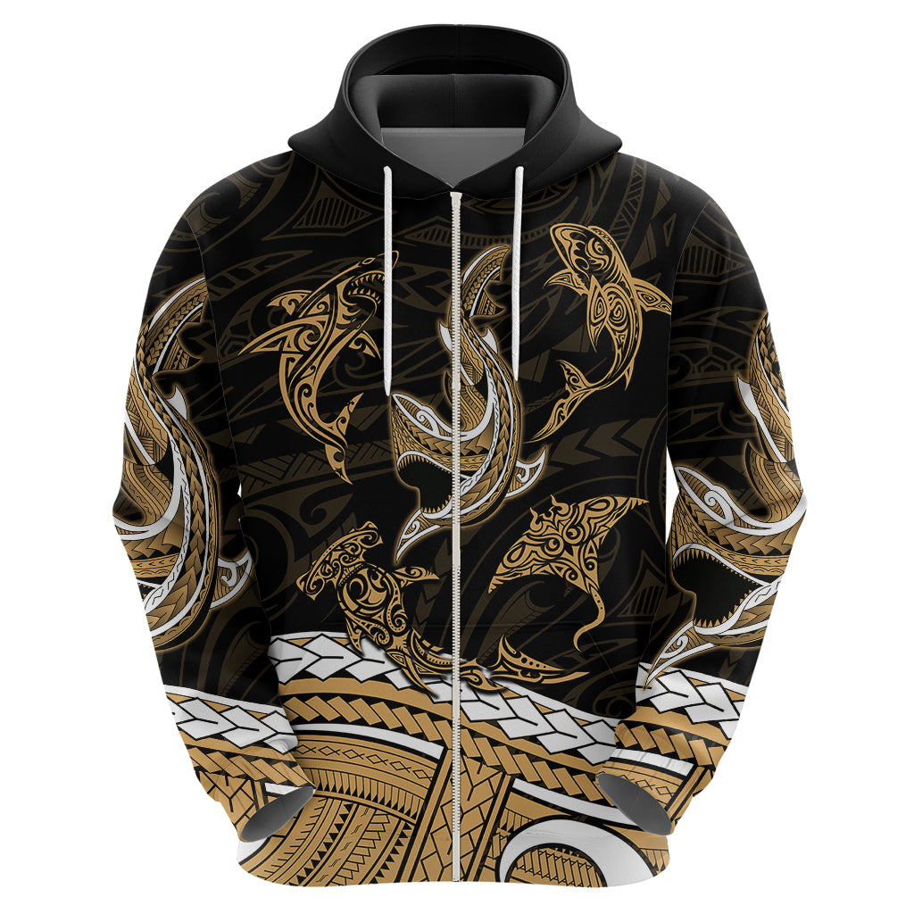 Polynesian Tribal Hoodie with Sharks Tattoo Gold LT6